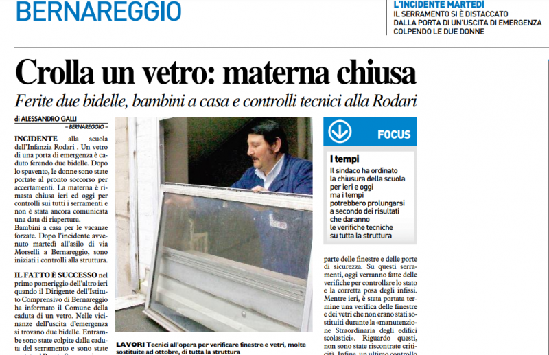 Incidente a scuola. Cade vetro di porta di emergenza