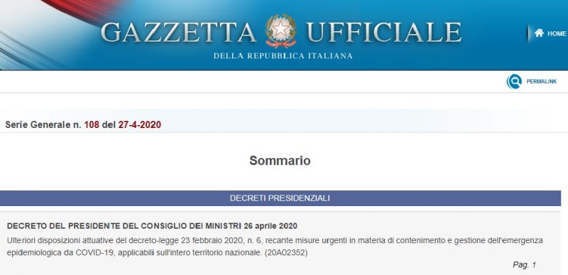DPCM 26 Aprile in Gazzetta Ufficiale. Nuove regole