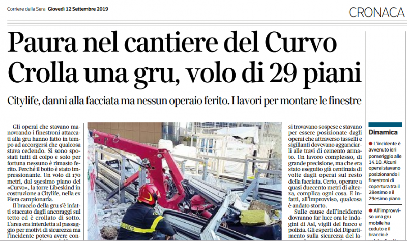 Grattacielo Citylife. Precipita gru da 170 metri. Nessun ferito