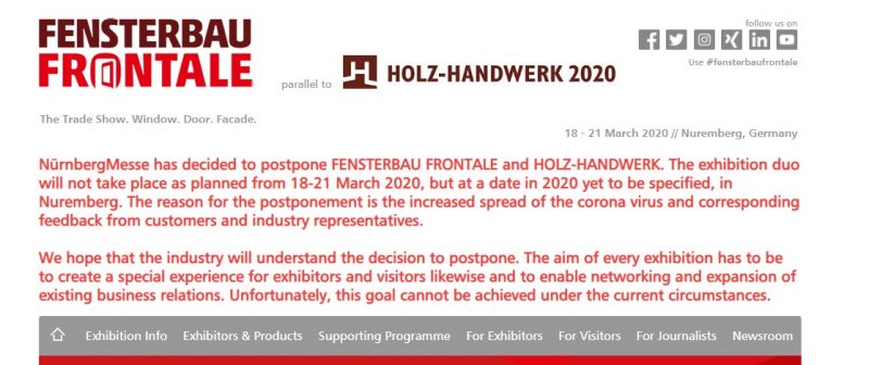 Il Fensterbau 2020 è rinviato a causa del coronavirus