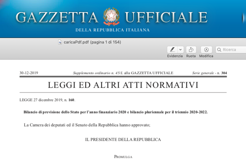 In Gazzetta Ufficiale la Legge di Bilancio 2020 Guidafinestra