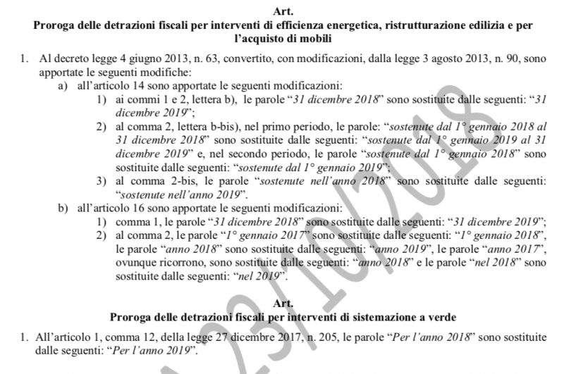 Proroga dei bonus fiscali nel DL Bilancio 2019 in bozza