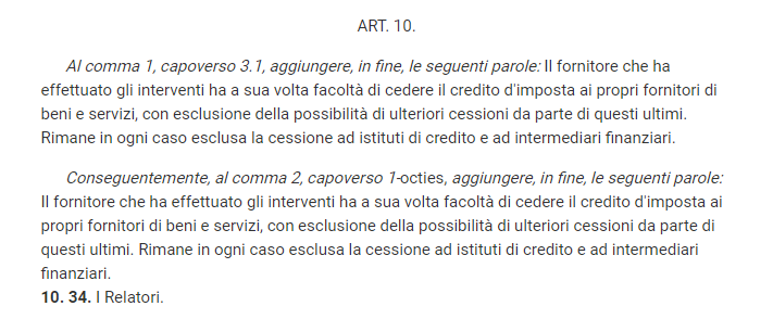 Articolo 10: ora con “cessione del credito ai fornitori”